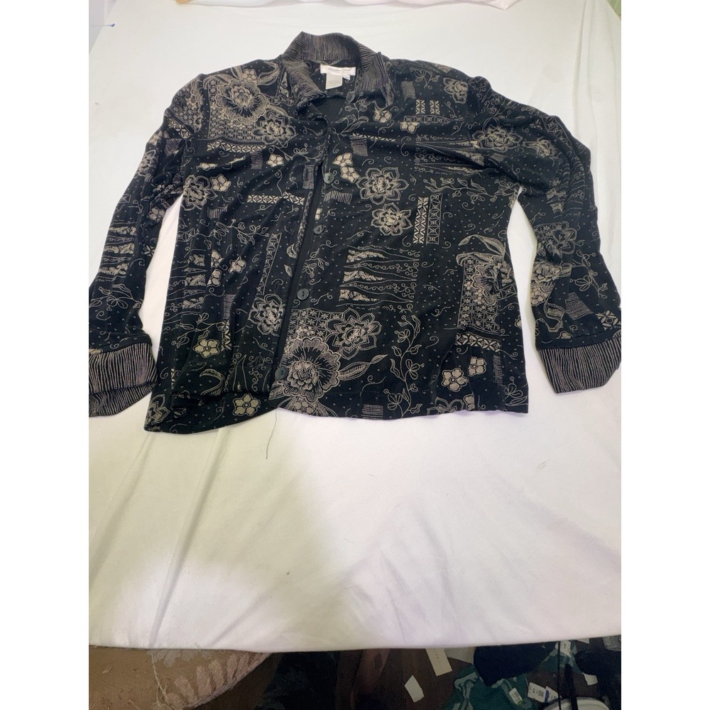 Cold water Creek Women Button Down Front Black And Gold Patchwork Top M Boho Art
